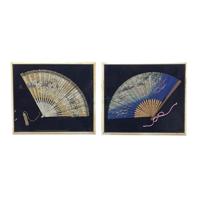 Pair Vintage Japanese Framed Hand Painted Paper Fans on Bamboo For Sale