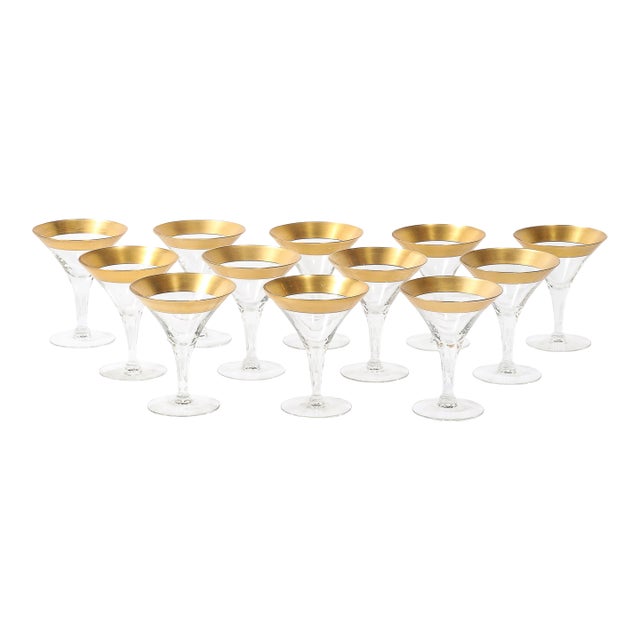 Set of 12 Mid-Century Modernist Gilt Rimmed Martini Glasses by Dorothy Thorpe For Sale