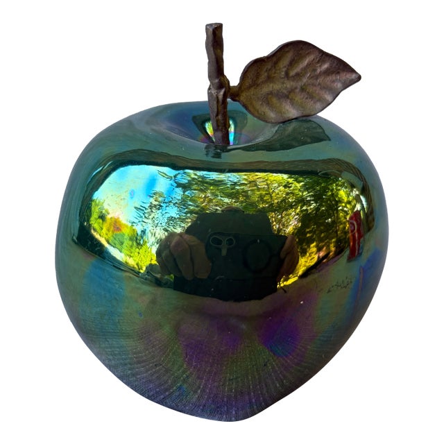 Vintage Artisan Made Green Pottery Apple Sculpture Signed For Sale