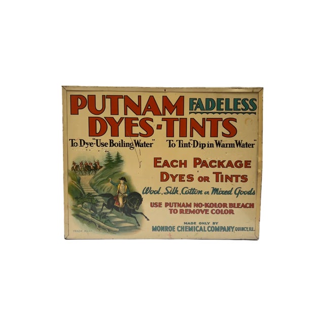 Vintage 1930s Putnam Dyes Retail Store Display Cabinet. Chromolithogrphed steel with illustration of General Putnam. Front...