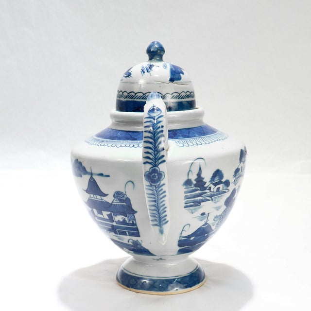 Chinese Antique Chinese Export Blue & White Canton Porcelain Tea Pot For Sale - Image 3 of 18