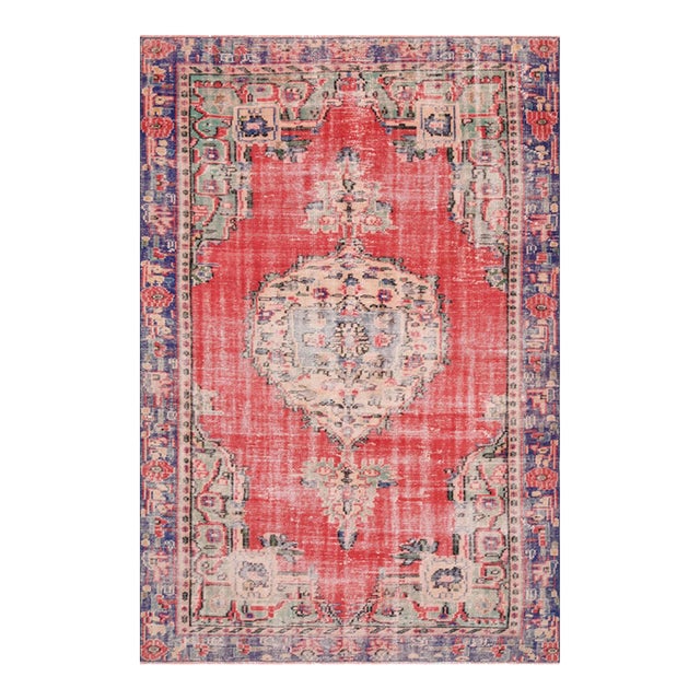 1970s Vintage Turkish Handmade Wool Cotton Red Area Rug For Sale