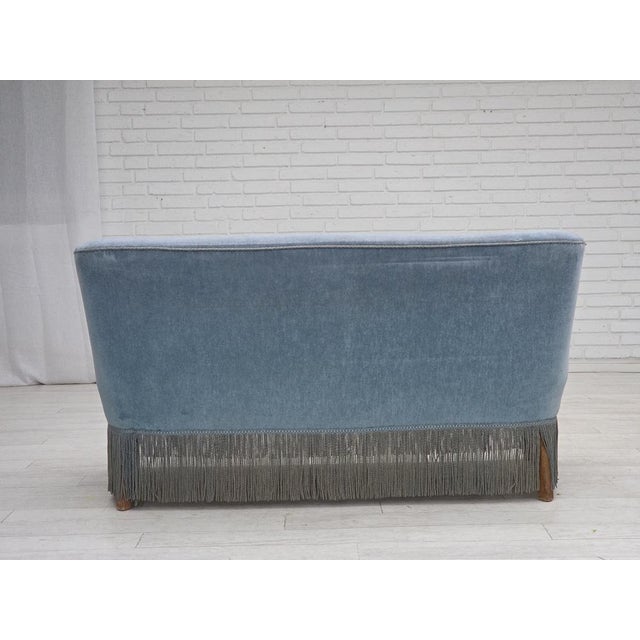 Vintage Danish Two-Seater Sofa in Blue Furniture Velour and Oak, 1970s For Sale - Image 11 of 18