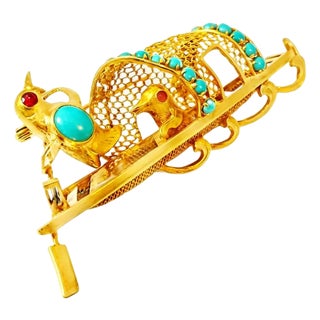 Late 20th Century 14K Yellow Gold Ruby Turquoise Lovebirds Boat Brooch Pin For Sale