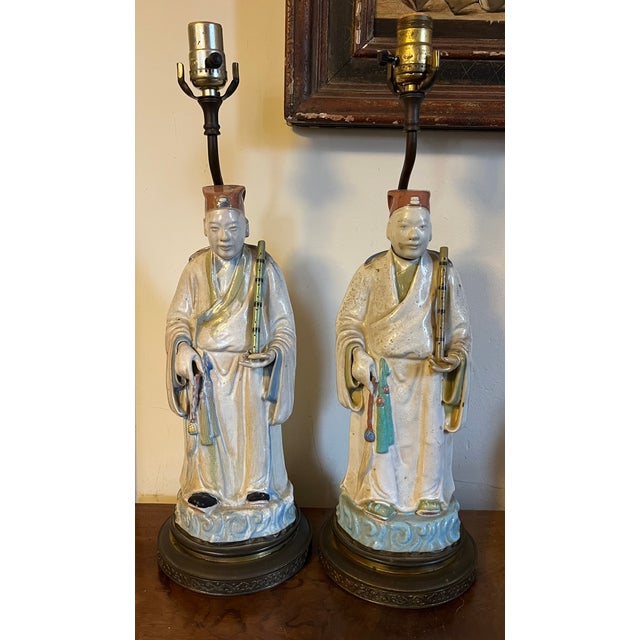1920s Antique Early 20th Century Chinese Pottery Figures of Musician Attendants With Flutes Mounted as Table Lamps - A Pair For Sale - Image 5 of 9