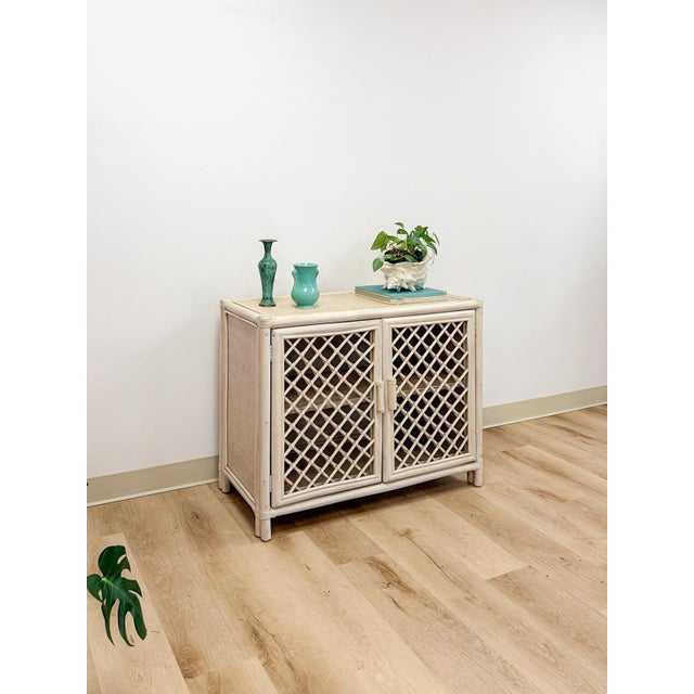 Wood Vintage Cream Rattan Lattice Cabinet Coastal Tropical Hollywood Regency For Sale - Image 7 of 17