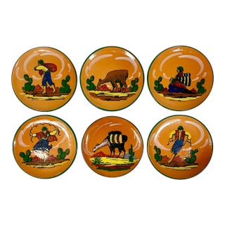1950s Vintage Southwestern Folk Art Boho Chic Peruvian Terra Cotta Salad Plates - Set of 6. For Sale