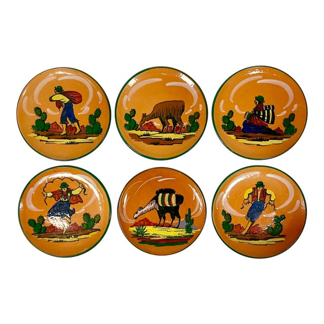 1950s Vintage Southwestern Folk Art Boho Chic Peruvian Terra Cotta Salad Plates - Set of 6. For Sale