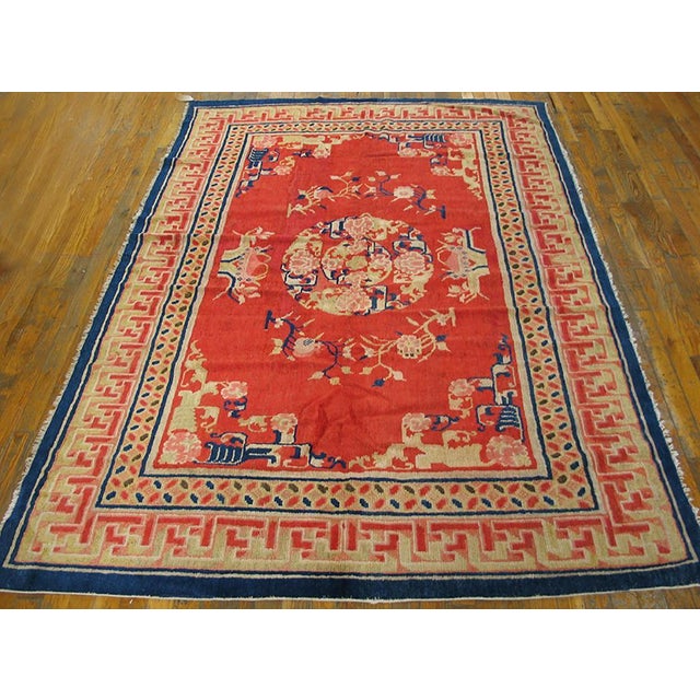 1890s Orange Medallion Qing Antique Chinese Bao Tou Rug 5'3" X 7'9" Handknotted Wool Carpet For Sale - Image 4 of 5