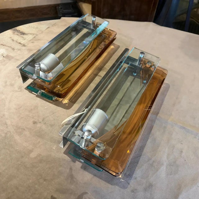 Mid-Century Modern Two 1960s Space Age Thick Glass and Chrome Wall Sconces by Lupi Cristal Luxor For Sale - Image 3 of 14