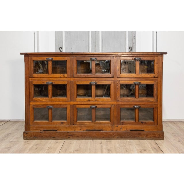 Mid 20th Century Italian Walnut and Iron Pastaia Shop Cabinet with Nine Drawers and Glass Panels For Sale - Image 4 of 8