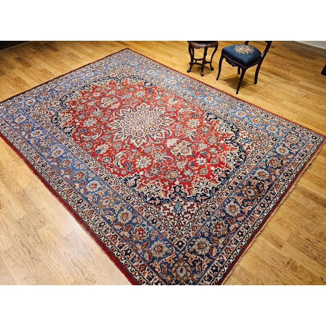 Persian Vintage Persian Isfahan Rug, Hand-Knotted Wool, Floral Pattern, Red & Blue, 9x12 For Sale - Image 3 of 16