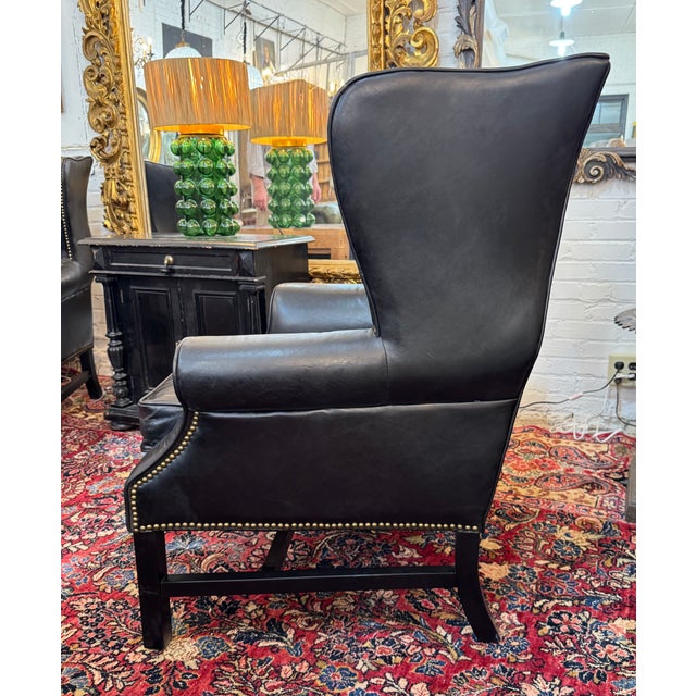 Pair of Vintage Black Leather Wingback Chairs With Brass Nailhead Trim For Sale - Image 4 of 5