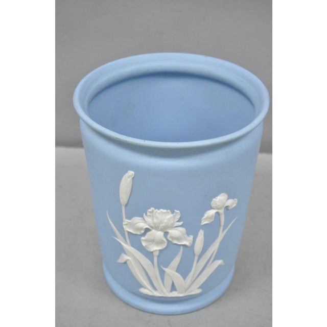Vintage Flambro Cameo Iris Blue Jasperware Wedgwood Style Floral Cachepot Vase For Sale - Image 4 of 11
