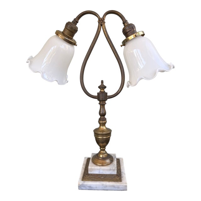 Antique Neoclassical Brass Double Arm Table Lamp With Opaline Glass Shades and Marble Base, C. 1920s For Sale