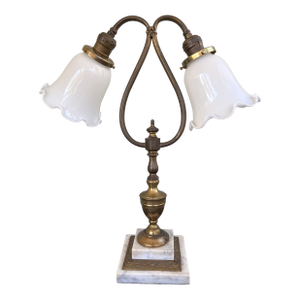 Antique Neoclassical Brass Double Arm Table Lamp With Opaline Glass Shades and Marble Base, C. 1920s