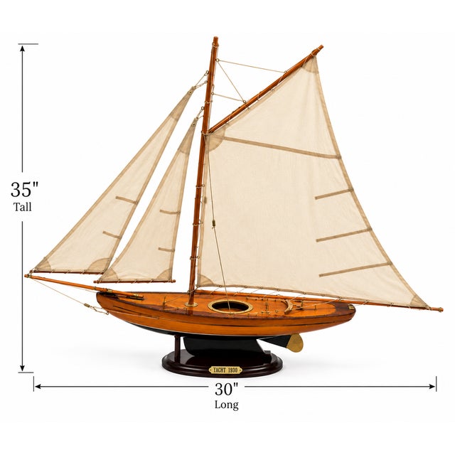 Large Vintage Wooden 1930 Yacht Sailboat Model With Canvas Sails & Brass Details For Sale - Image 4 of 4