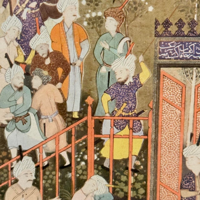 1970’s Gilded Persian Court Life Panoramic Triptych For Sale - Image 9 of 14