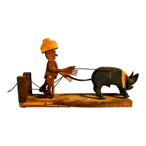 Vintage Primitive Bouncing Pig and Farmer Crank Sculture - Circa 1950's