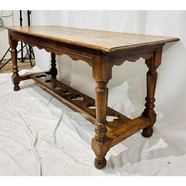 Antique Primitive Folk Art Handmade & Hand Cut / Carved Rustic Wooden Work Table with Cutwork Hearts on stretcher. Wooden...