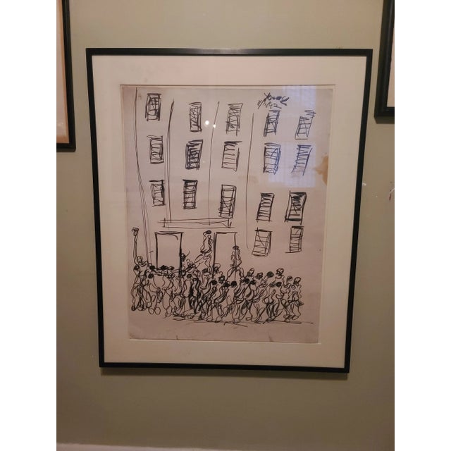 Purvis Young, Ink on Paper, Figures Near Building (1990 or 1992) For Sale In Philadelphia - Image 6 of 7