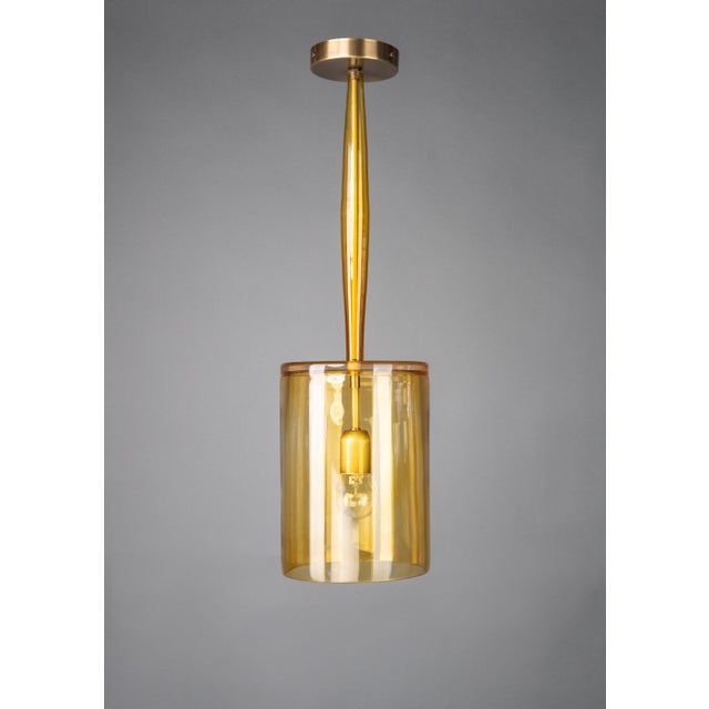 Fine Polished Oxidized Brass and Cognac Artisan Glass Cylindrical Single-Light Pendant by ZAVADSKI, 2023 For Sale - Image 4 of 4