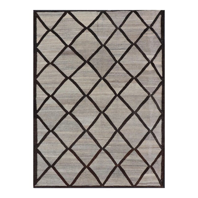 Natural Color-Tone Flat-Weave Kilim in Diamond Design in Gray and Brown For Sale