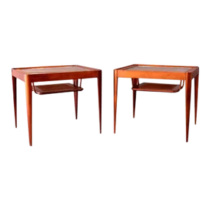 Mid Century Pair of Sculptural Side Tables With Floating Cane Shelf Modern Atomic Danish Style 50's
