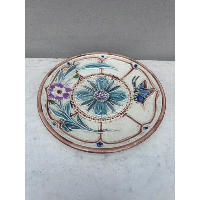 19th Century Majolica flowers and butterfly plate Wasmuel.