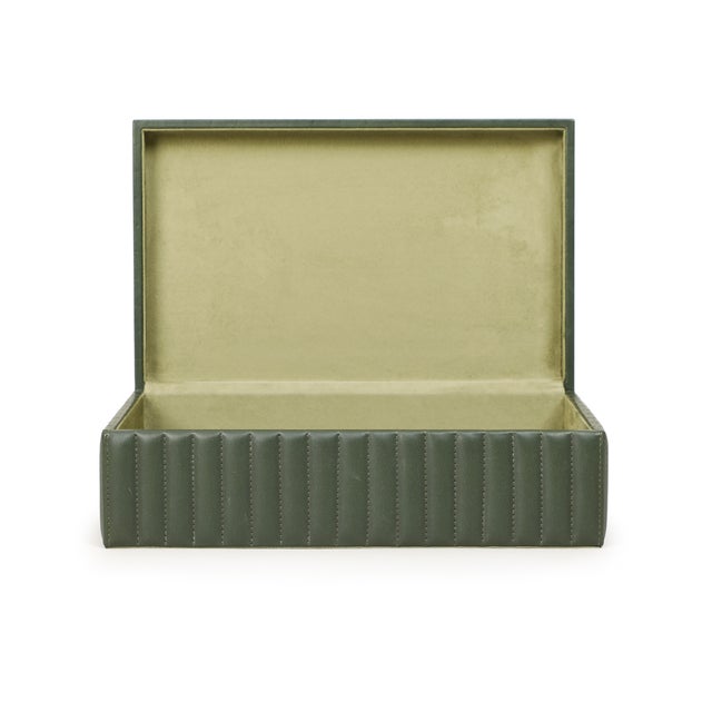Boho Chic Eton Green Ribbed Vegan Leather Hospitality Grade Storage Box For Sale - Image 3 of 8