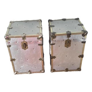 Vintage Campaign Chests Trunks Pair Silver Metal Industrial For Sale