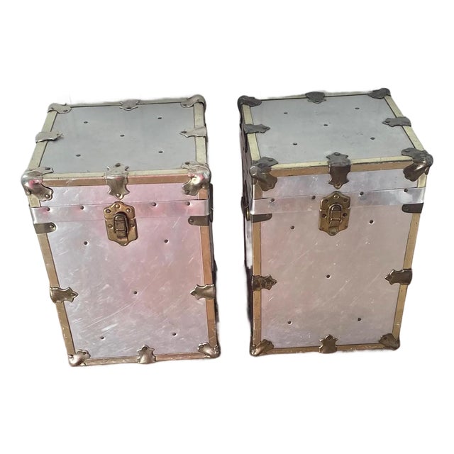 Vintage Campaign Chests Trunks Pair Silver Metal Industrial For Sale