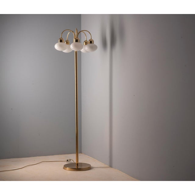 Vintage Brass Floor Lamp with Five Opaline Glass Shades, 1950s For Sale - Image 4 of 9