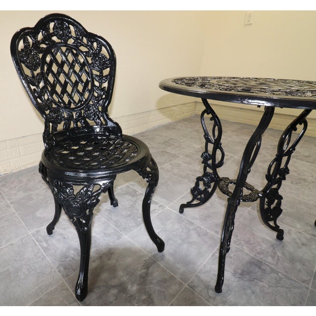 Mid 20th Century American Cast Iron Rose Garden Bistro Set, Table and Two Chairs, 3 Pieces For Sale - Image 10 of 18