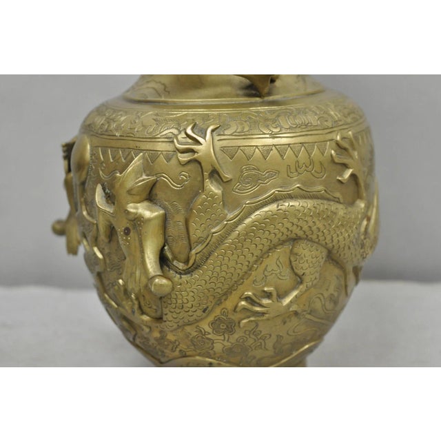 Chinoiserie Vintage Japanese Dragon Relief Bronze Chinese 10" Oriental Flower Vase - A Pair For Sale - Image 3 of 14
