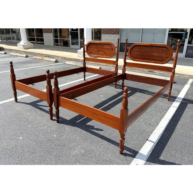Pair of Vintage Mahogany Twin Bed Frames With Oval Panel Headboards For Sale - Image 4 of 15