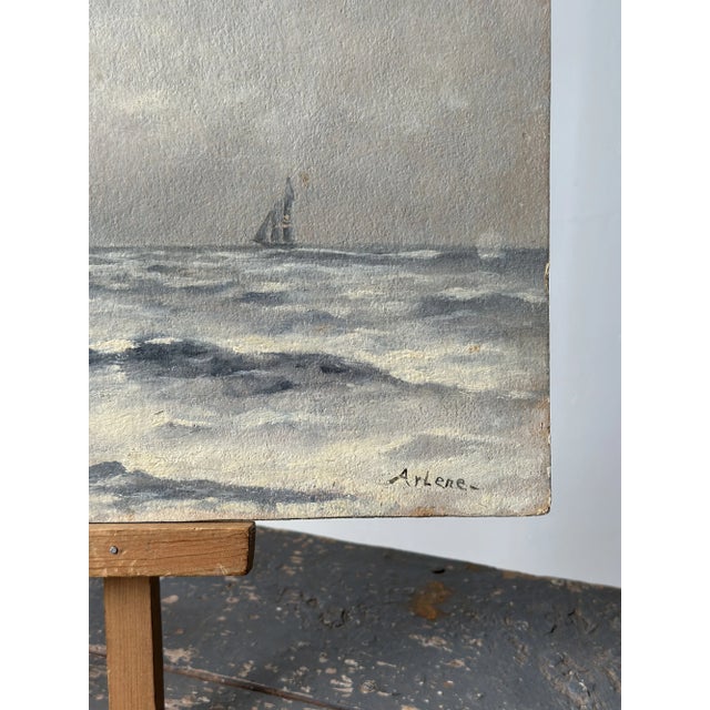 Paper Vintage Steely Seascape Painting on Board, Signed by the Artist, Circa Mid-20th Century For Sale - Image 7 of 14