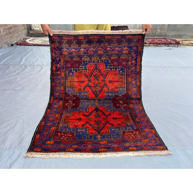 2'10 X 3'10 Ft Vintage Afghan Hand-Knotted Tribal Rug Red Blue Geometric Pattern Rug For Sale - Image 11 of 12