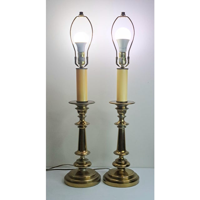 SKU: OT 3360 Pair Vintage Heavy Brass Beehive Candlestick Boudoir Table Lamps 31" Tall MCM Offered here is a pair of...