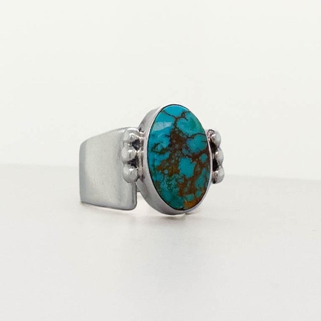 Mid-Century Modern Navajo Delvin John Sterling Silver & Turquoise Cabochon Signet Style Ring For Sale - Image 3 of 11