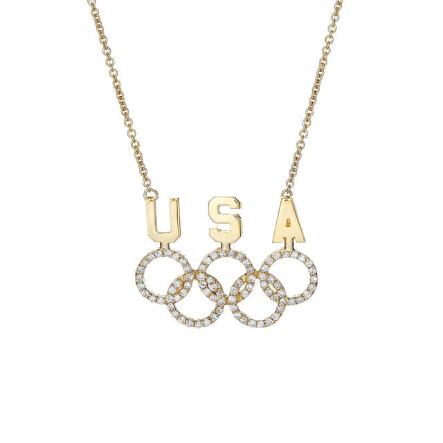 USA Olympic Rings Diamond Necklace Vintage 18k Gold Patriotic Name Plate Fine For Sale - Image 4 of 4