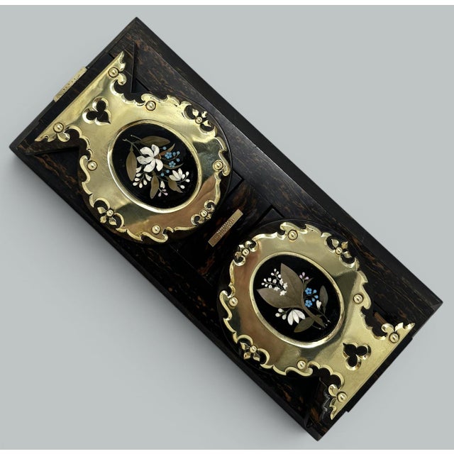 Antique Cormandel Wooden Brass Inlaid Book Slide Pietra Dura by George Betjemann For Sale - Image 4 of 8