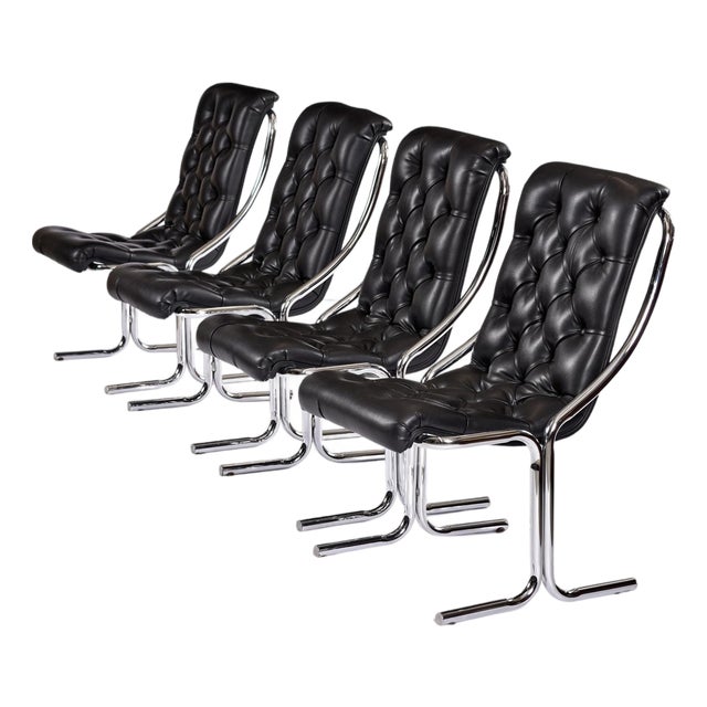 Daystrom Black and Chrome Tufted Scoop Chairs Vintage 1970s For Sale
