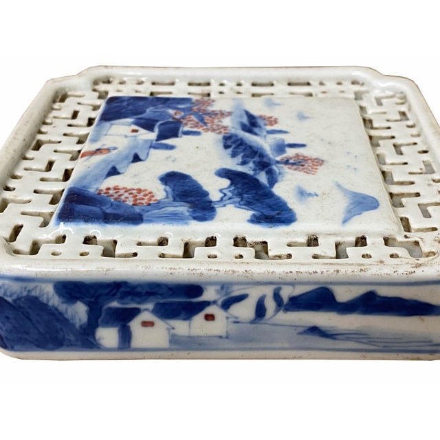 Ceramic Chinese Blue White Scenery Porcelain Coaster Stand Soap Holder For Sale - Image 7 of 9