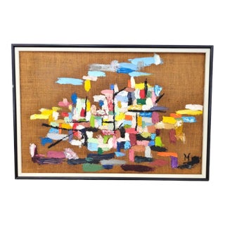 MCM Vintage Colorful Abstract Expressionist Oil Painting on Burlap, Signed Mason and Framed For Sale