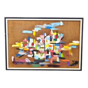 MCM Vintage Colorful Abstract Expressionist Oil Painting on Burlap, Signed Mason and Framed