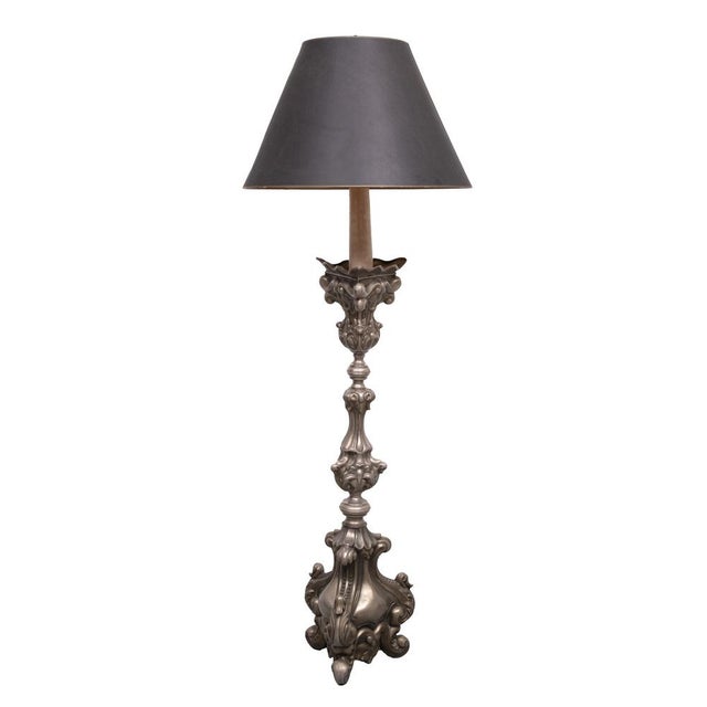 Stunning Antique Solid Pewter Baroque Style Candlestick Floor Lamp will add symmetry, added light, and Old World styling...