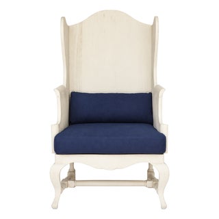 Vintage Rh Pale Grey Wood Wingbak Chair W/Navy Blue Seat For Sale