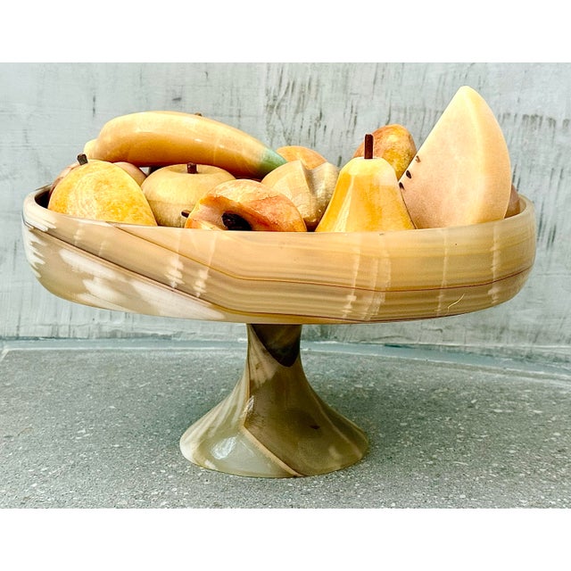 Exceptional Vintage Mid-Century Mexican Carved Onyx Stone Pedestal Bowl, Centerpiece Filled With 12 Assorted Onyx Fruit For Sale - Image 11 of 12