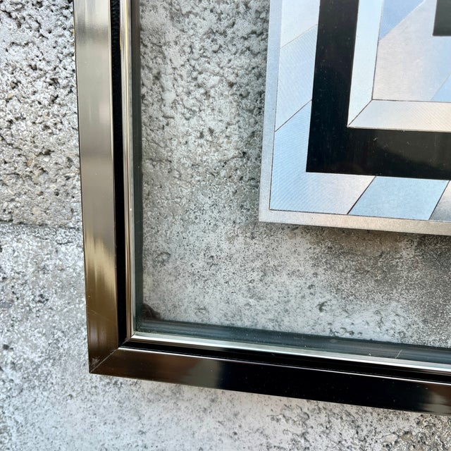 Vintage 1970s Op-Art Geometric Black and Silver Foil Framed Print. For Sale - Image 9 of 15